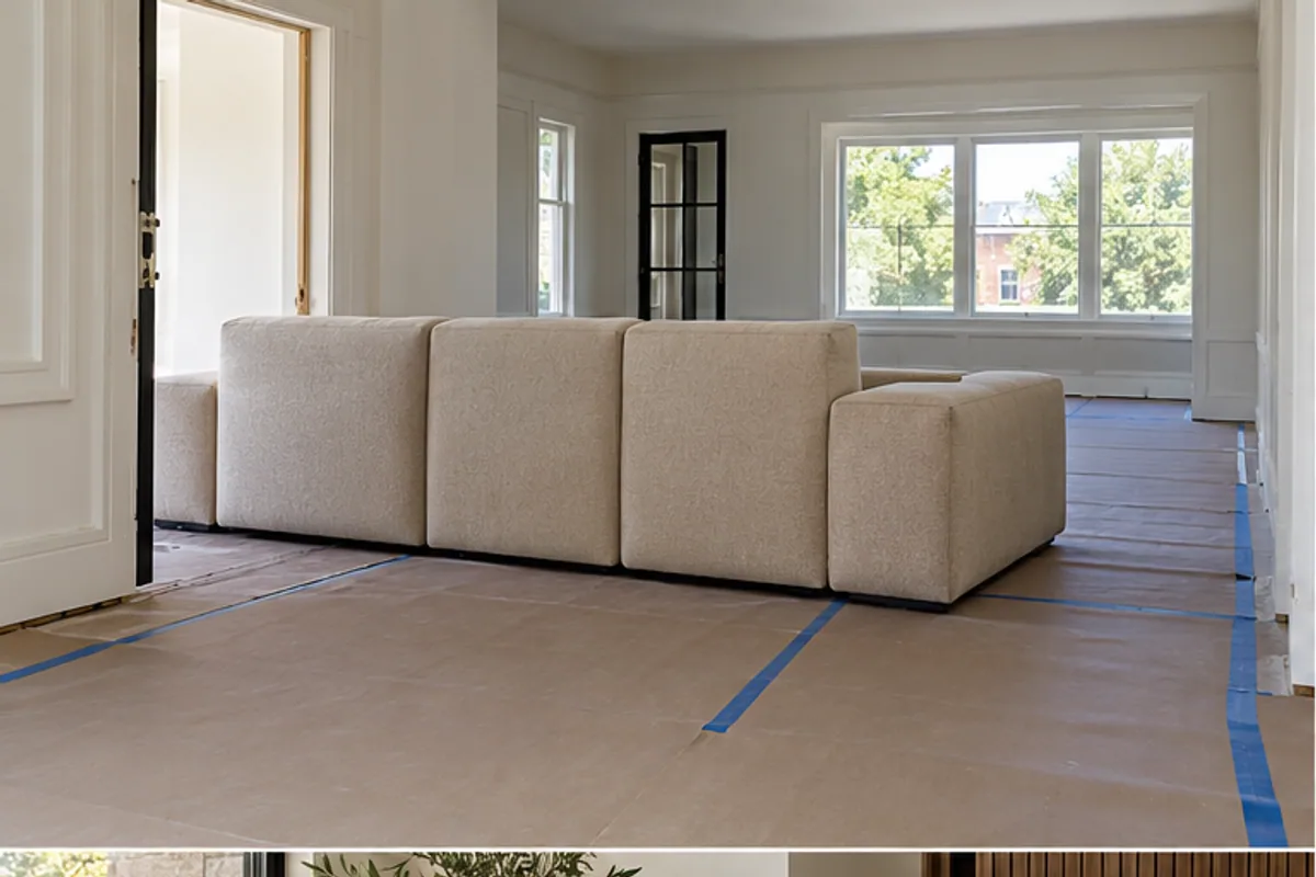 beige sofa entering a renovated room